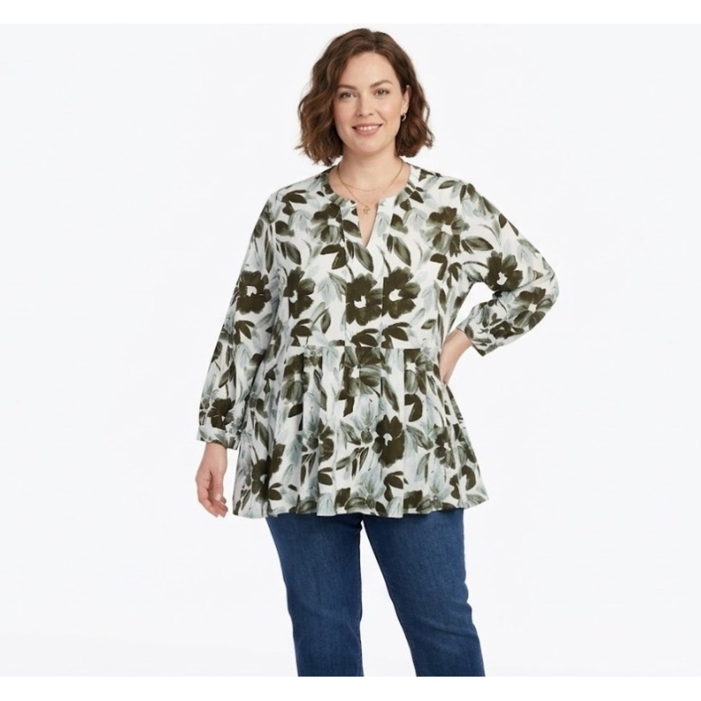 Denim&Co Gray White Floral Y Neck Long Sleeve Feminine Popover Top XL Petite